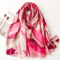 Detail of soft cotton-linen scarf with golden foil leaf print and fringed edges - Pink (SL2211-002)