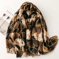 Retro linen-feel scarf with golden ginkgo leaf patterns and soft fringe edges - Black