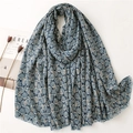 Navy blue cotton linen feel scarf with white leaf patterns and fringe edges - Blue