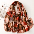 Vintage cotton linen scarf with gold ginkgo leaf print and soft tassel edges - Coffee