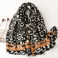 Retro leopard print pashmina scarf with fringe edges and thick cashmere-like texture - Black (SL2211-014)