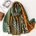 Retro paisley and polka dot cashmere-like scarf with fringe, vintage green and orange tones - Green (SL2211-013 Green)