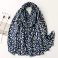 Soft navy blue cotton-linen scarf with elegant golden leaf pattern and frayed edges - 180*85CM / Blue (SL2211-001)