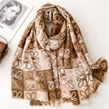 Sciarpa tipo cashmere a quadri con motivi floreali a libellula e frange in toni terra - Beige Cachi