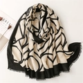Chic beige cotton linen scarf with black geometric abstract lines and fringe detail - Beige Black