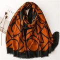 Orange and black cotton-linen scarf with geometric patterns and fringe detail - Orange Background Black Letter