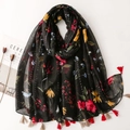 Vintage floral scarf with black base, colorful sequins and handmade tassels for women - Extended Version / Black Floral Print with Tassels (SL2211-023)