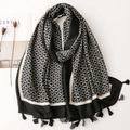 Black and white geometric ring print scarf with fringe details and soft texture - 180*85CM / Black