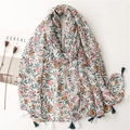Écharpe à imprimé floral tropical avec pompons sur tissu blanc léger et respirant - Blanc Floral (SL2212-014) / 180*90