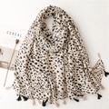 Autumn winter leopard print scarf shawl with bi-color tassels on minimalist background - Off White