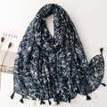 Vintage navy blue floral scarf with elegant tassels and lightweight summer fabric - 180*90CM / Navy Floral Tassel Style (SL2212-010)