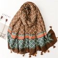 Thick warm winter scarf with geometric floral print and brown tassels for women - Khaki