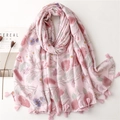 Pink floral cotton linen scarf for women with elegant flower print and tassel edges - 180*90CM / Pink Floral (SL2301-015)