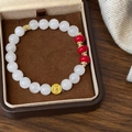 White agate beaded bracelet with red accents and golden coin charm in a gift box - White Agate Gold Coin Style (D-209)