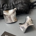 Silver square geometric earrings with crinkled metal texture and modern fashion design - A-1320 Silver Square Stud Earrings (Crossed Wrinkle Craft)
