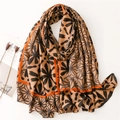 Elegant floral print cotton-linen scarf in earth tones with abstract pattern for beach or shawl - Caramel