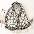 Classic black and white checkered scarf with geometric patterns and decorative borders - 180*83cm / Black
