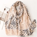 Beige and grey floral cotton linen scarf shawl displayed with aesthetic props - Grey-Beige