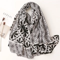 Chic grey linen feel scarf with black floral prints and dots for sun protection - Dark Grey
