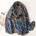 Vintage navy scarf with orange kaleidoscope circle patterns and fringe edge detailing - 180*85CM / Blue