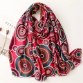 Ethnic style cotton linen shawl with colorful kaleidoscope circle patterns and frayed edges - 180*85CM / Rose Red