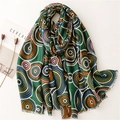 Vintage cotton linen shawl with colorful kaleidoscope circle patterns and frayed edges - 180*85CM / Green
