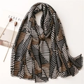 Soft cotton linen blend striped scarf with tassels in khaki and grey geometric pattern - 180cmx85cm / Black