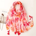 Pink and orange floral cotton linen scarf with red tassels on an aesthetic background - Pink Butterfly Floral (SL2210-004) / 180*90