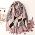 Pink and blue geometric checkered scarf with tassels on cozy interior background - Pink Geometric Color Block (SL2210-005)