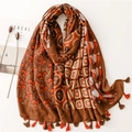 Retro paisley patchwork long scarf with colorful patterns and handmade tassel fringe - Caramel color