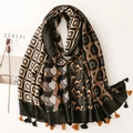 Artistic geometric print scarf with contrast fringe on a minimalist background - Black