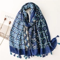 Blue and white paisley print long scarf with tassels and geometric patterns - Blue