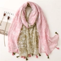 Sciarpa in cotone e lino a fiori rosa e verdi con morbide nappe per la protezione - Rosa e Verde Oliva (SL2210-034 Rosa)