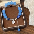 Sky blue beaded bracelet with natural blue stones and rhinestone pendant in a jewelry box - Dark Blue Irregular Stone Rhinestone Pendant Style (D-181)