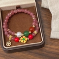 Bracciale a doppio strato in cristallo fragola con perle e ciondoli dorati - Stile Doppio Giro Cristallo di Fragola Fiore Sorriso (D-145)