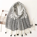 Floral print cotton scarf for women with vintage patterns and tassel fringe detail - White Black Floral Pattern Style (SL2210-040)