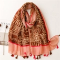 Ethnic bohemian scarf with tribal patterns and decorative tassels for sun protection - Vintage Ethnic Print Style With Tassels (SL2210-037)