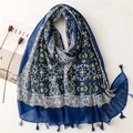 Blue ethnic floral print scarf with tassel accents laid on a minimalist white surface - 180cmx85cm / Blue Green Mandala Floral (SL2210-042)