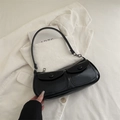 Glossy black French retro underarm bag with double front pockets and silver chain detail - Black