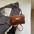 Dark brown lychee grain leather trapezoid handbag with fine gold metal turn lock - Brown