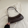 Deep brown glossy leather underarm bag with double front flap pockets and chain strap - Brown