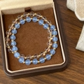 Elegant double-layer beaded bracelet with blue cat eye stones and clear crystals - Light Blue Cat Eye Stone Clear Bead Layering Style (D-155)