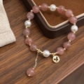 Pink strawberry crystal and pearl beaded bracelet with a gold butterfly charm for women - Natural Stone Pearl Butterfly Style (D-210)