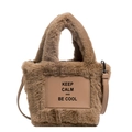 Brown faux fur plush tote bag with Keep Calm leather patch and detachable strap - Khaki