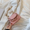 Pink mini square bag with gold lettering, featuring metal and acrylic chains - Pink