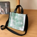 Green and white tie-dye canvas tote bag with black leather handles and adjustable strap - Tie-Dye Texture / Green