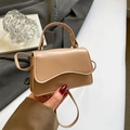 Chic beige mini leather square handbag with contrast stitching and slim shoulder strap - Khaki