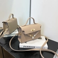Classic beige mini Kelly style handbag with lychee pattern and gold metal hardware - Khaki