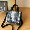 Black and white tie-dye tote bag featuring dual PU handles and adjustable fabric strap - Artistic Tie-dye / Black and Gray