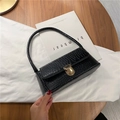Classic black crocodile texture baguette shoulder bag with gold metal buckle - Black